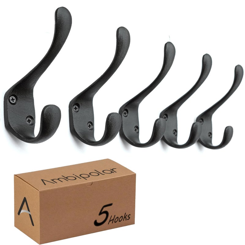 Ambipolar 5 Pack Decorative Cast Iron Heavy Duty Double Hooks, Wall Mounted Coat Hooks, Vintage Inspired (Antique Black) (Spoon Hook) - Image 5